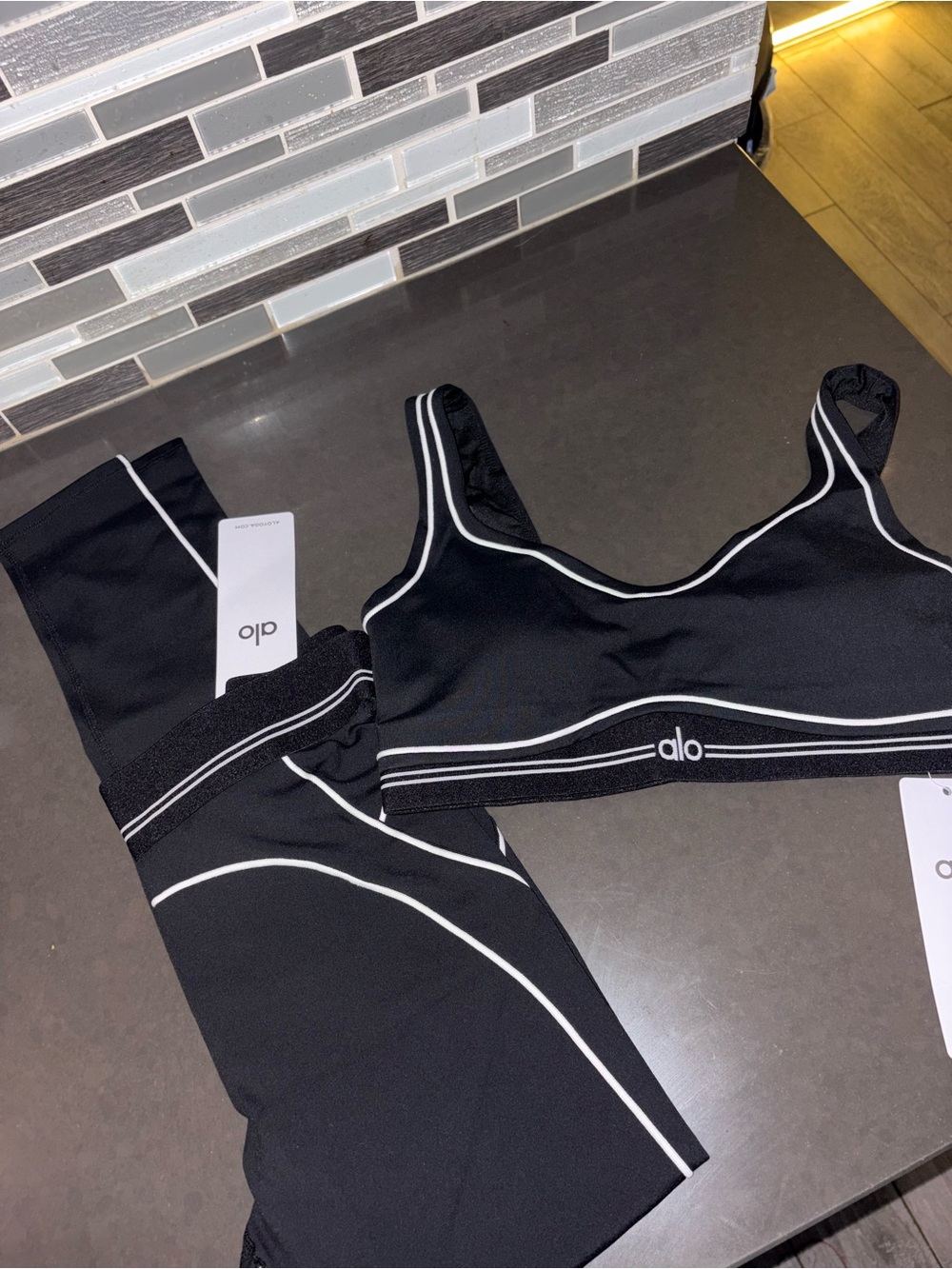 ALO Yoga Black Sports Bra with White Piping